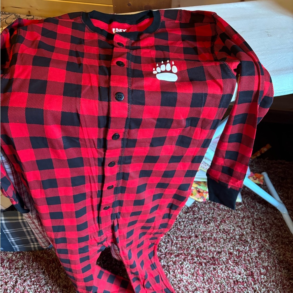 Lazy one red and black cotton onesie with back flap